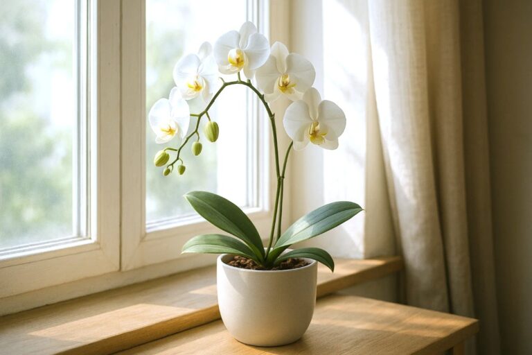 Phalaenopsis orkidé i potte ved vindue med blødt naturligt lys