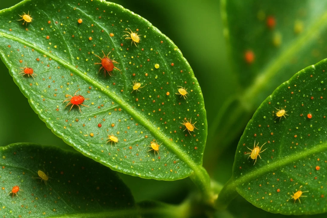 Citrusbladmide på blad, små røde mider som laver lyse prikker og kan føre til bladfald.
