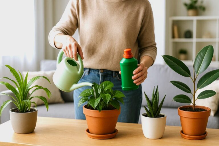 Person der gøder stueplanter med flydende gødning i en lys stue
