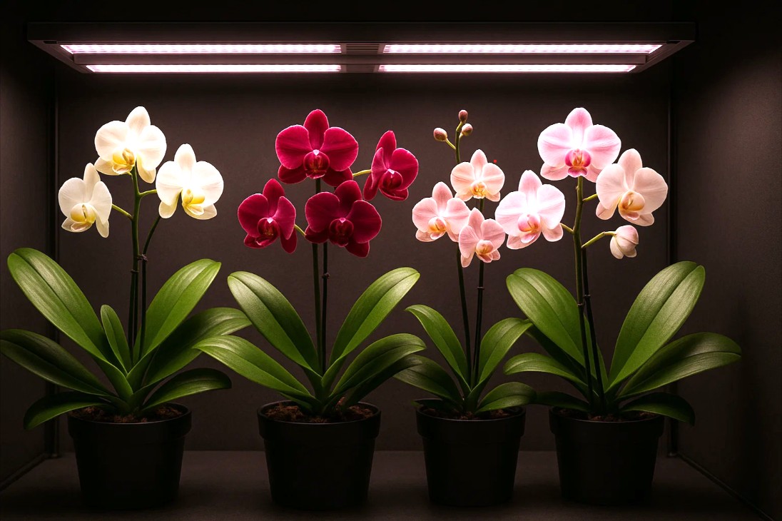Orkideer under LED vækstlys til optimal vækst og blomstring