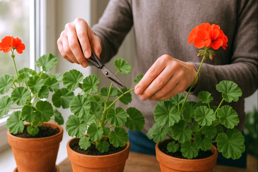 Beskæring af pelargonier indendørs med saks