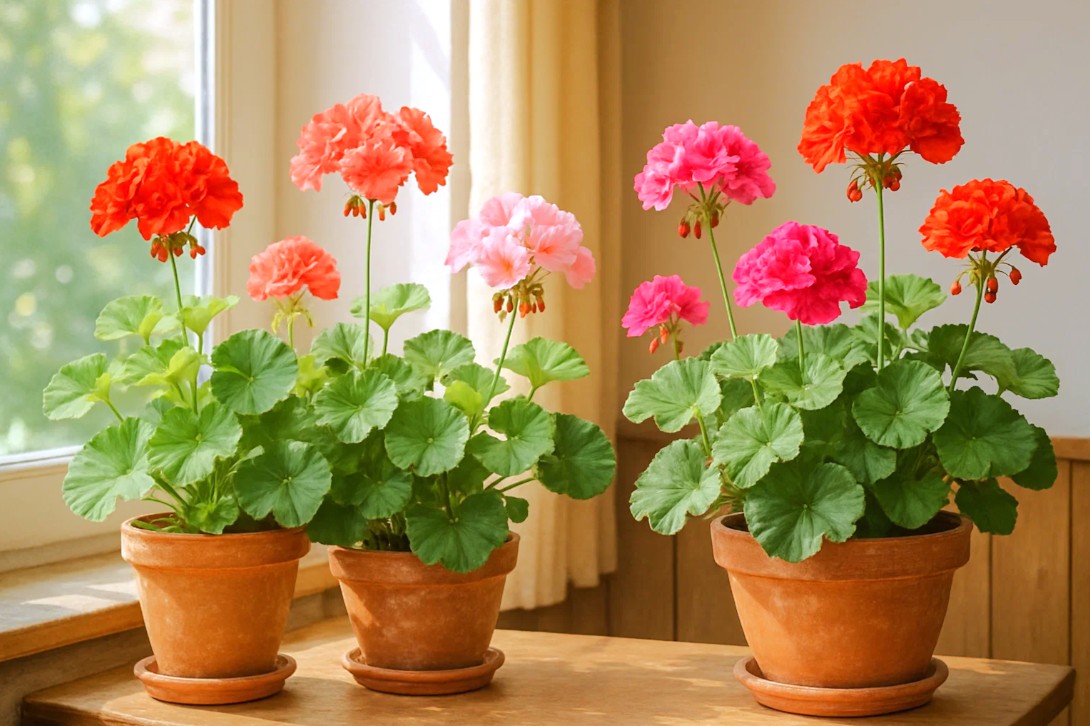 Blog om grolys og plantevækst 315 Pelargonier (geraniums) i potter indendørs med grønne blade og blomster