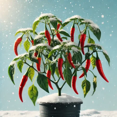 Sund chiliplante med grønne blade og røde frugter klar til vinterpleje indendørs